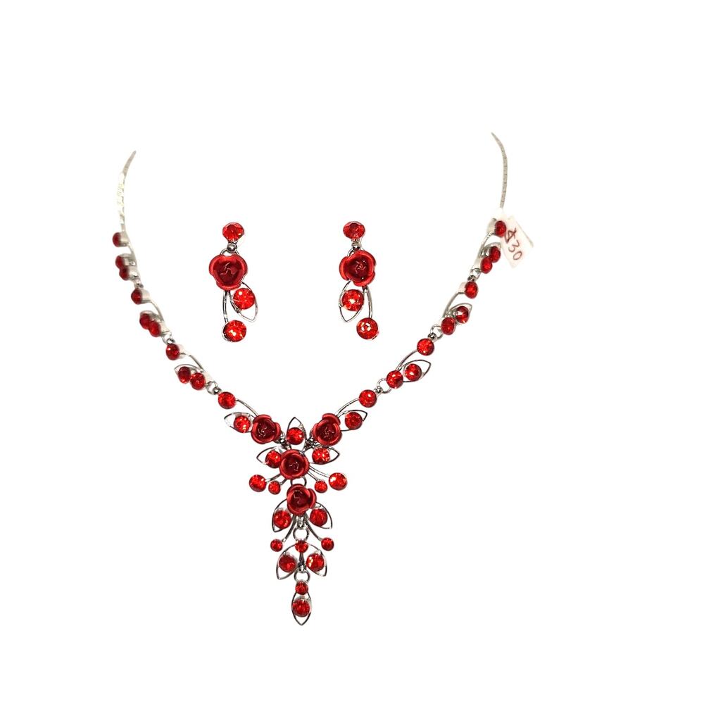 Red Rhinestone and Roses Necklace/ Earring Set Drop Earrings Silver Tone